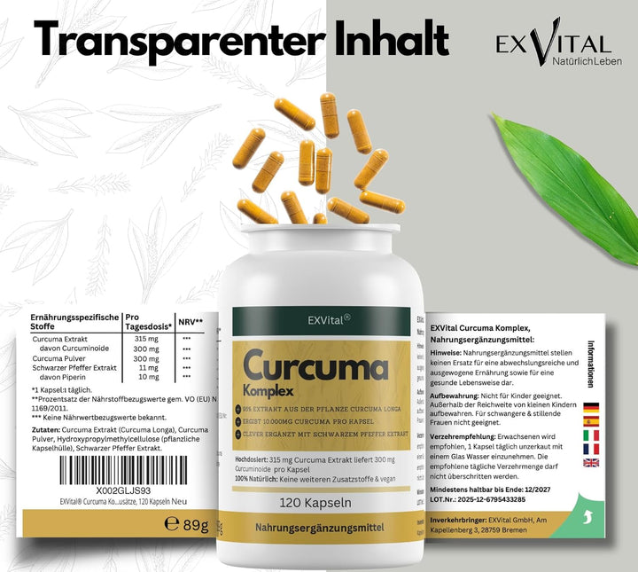 Curcuma Komplex mit Curcuma- Extrakt &amp; Piperin, 120 Kapseln von EXVital
