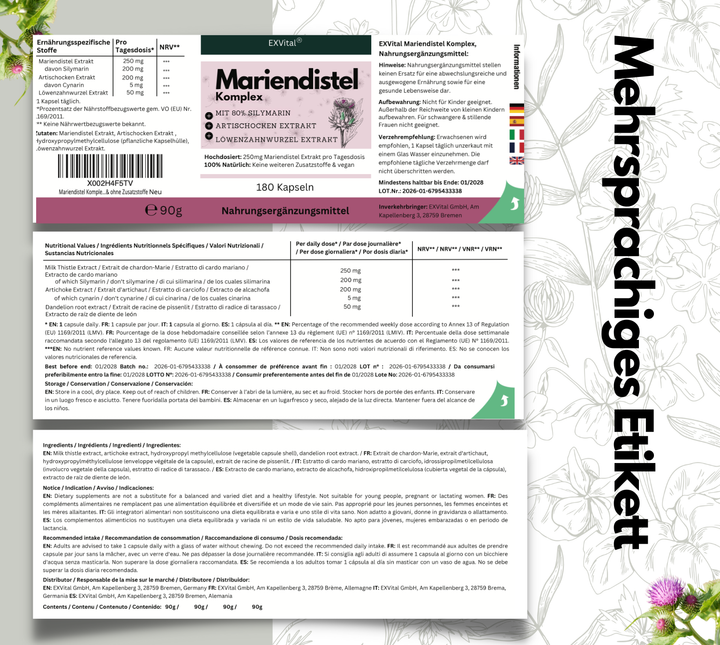 Mariendistel Komplex Kapseln mit Artischocke &amp; Löwenzahn, 180 Stück von EXVital