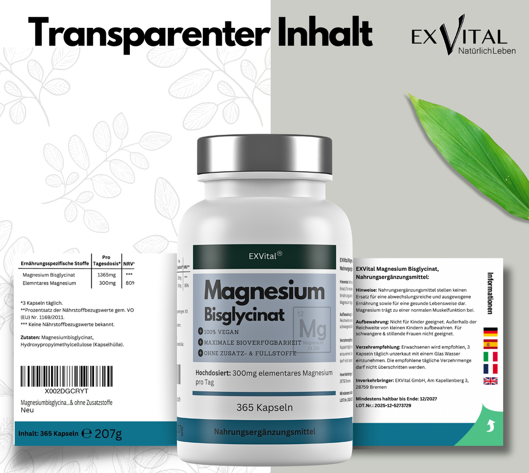 Magnesiumbisglycinat, hochdosiert 1365mg pro Tagesdosis, 365 vegane Kapseln von Exvital