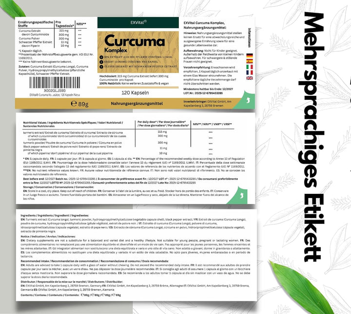 Curcuma Komplex mit Curcuma- Extrakt &amp; Piperin, 120 Kapseln von EXVital