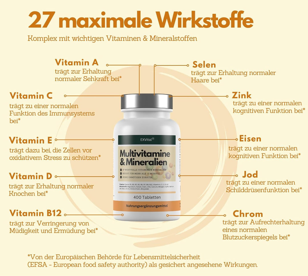 Multivitamin Tabletten, 27 Vitamine &amp; Mineralien, 400 Stück von EXVital