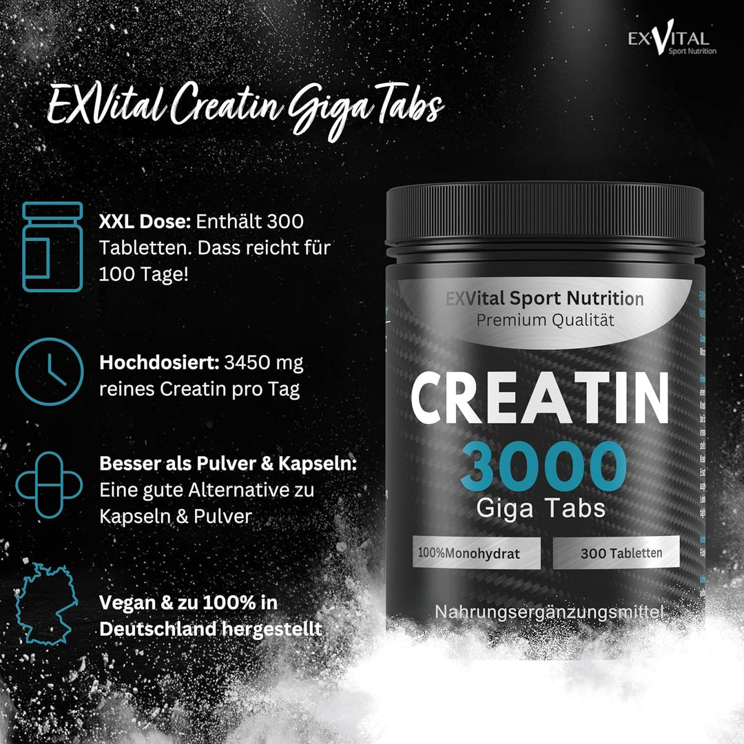 Creatin Monohydrat 3000 Giga Tabs von EXVital Sport Nutrition 300 Tabletten Kreatin