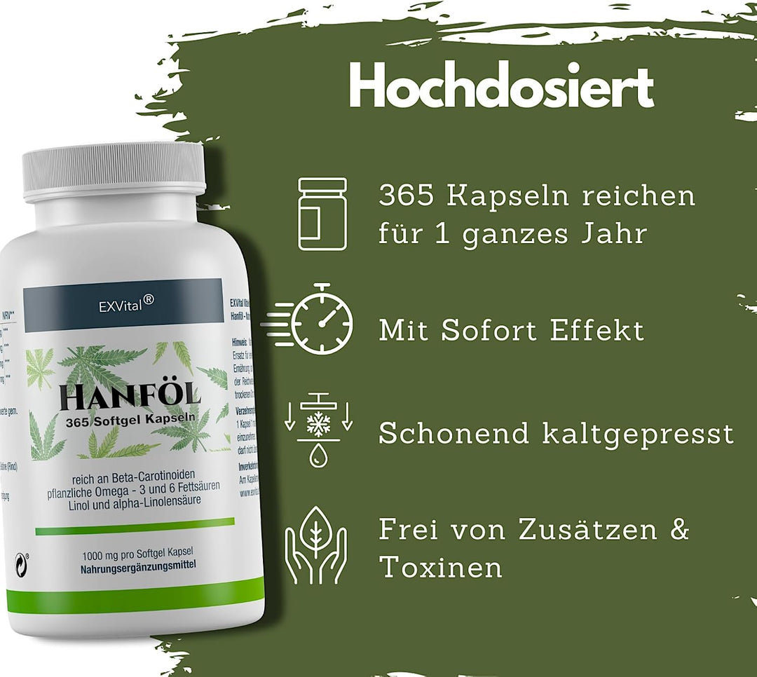Hanföl Kapseln hochdosiert mit 1000mg Hanfsamenöl, Omega 3 und Omega 6