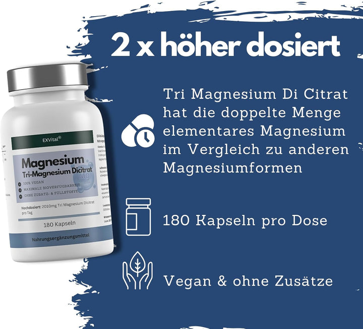 Tri-Magnesium Dicitrat hoch konzentriert von EXVital, 180 Kapseln
