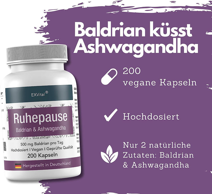 Ruhepause, mit Baldrian &amp; Ashwagandha, 200 hochdosierte Kapseln von EXVital