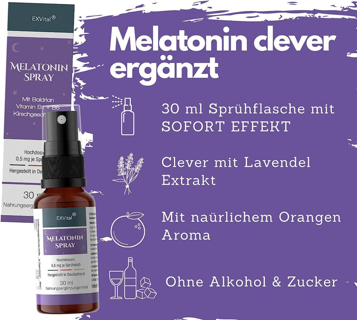 Melatonin Schlafspray mit Baldrian, Vitamin B1+ B6 30 ml Sprühflasche