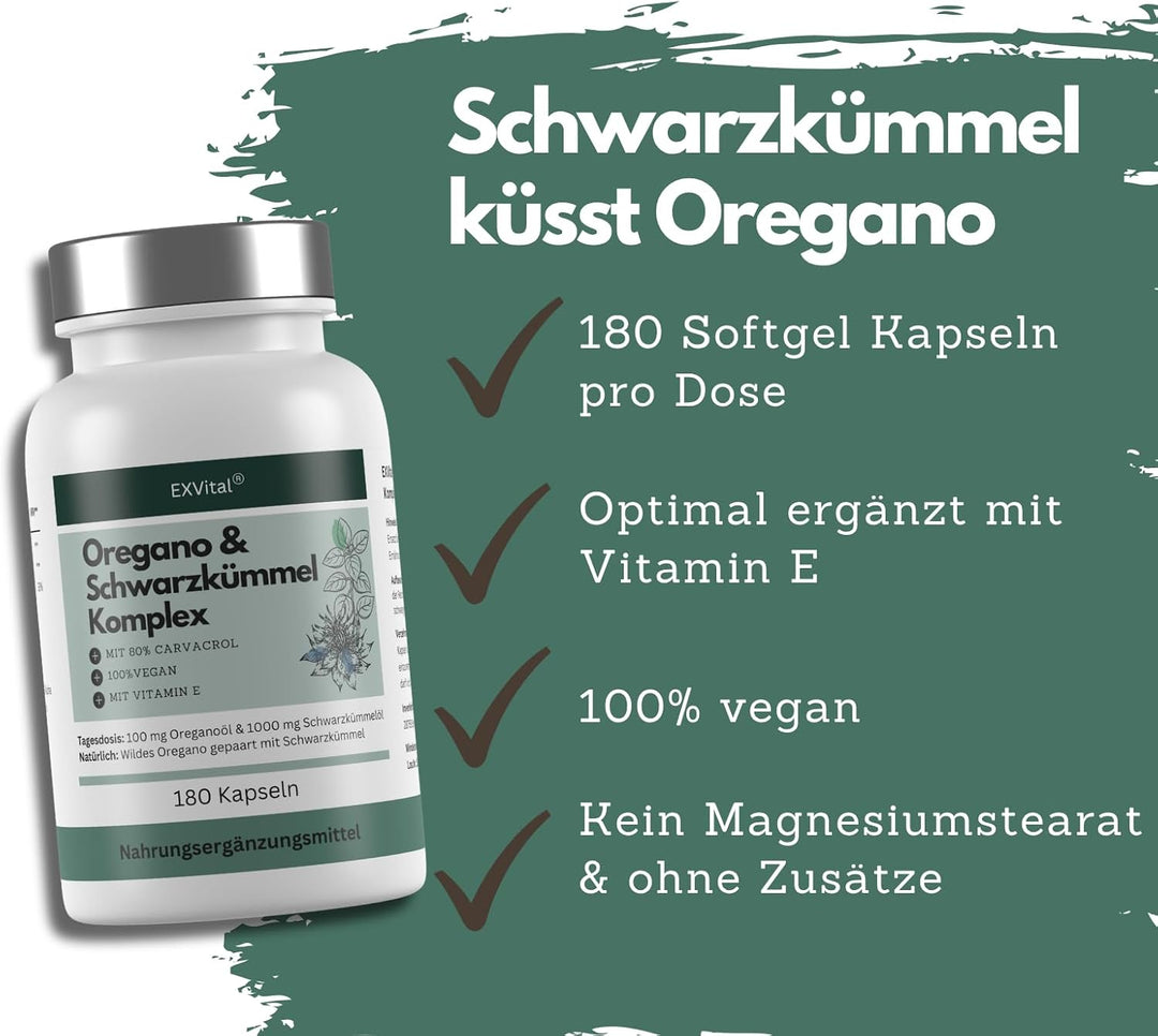 Oregano- Schwarzkümmelöl Komplex, 180 vegane Kapseln von EXVital