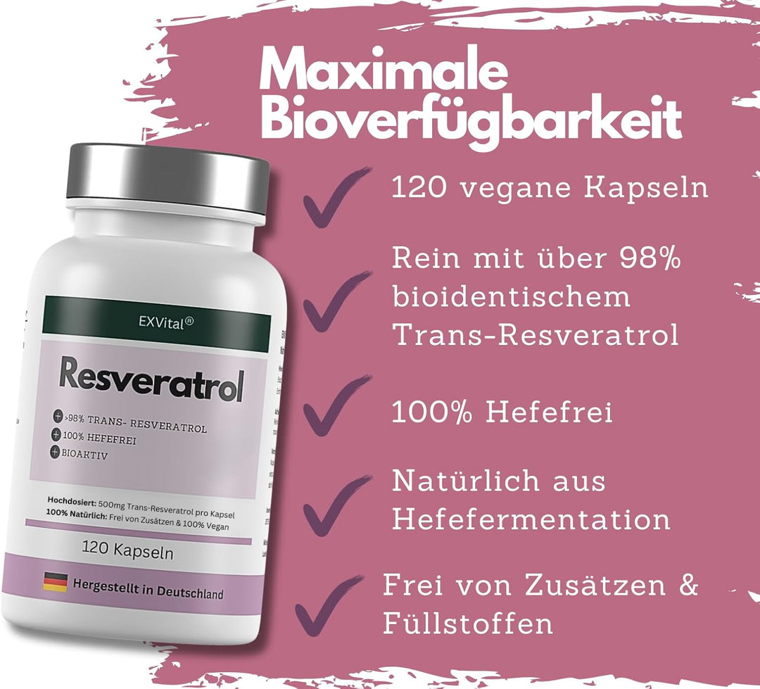 Resveratrol Kapseln, 500mg pro Kapsel, vegan von EXVital