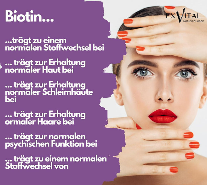 Biotin für Haare, Haut und Fingernägel hochdosiert von EXVital, 365 Tabletten