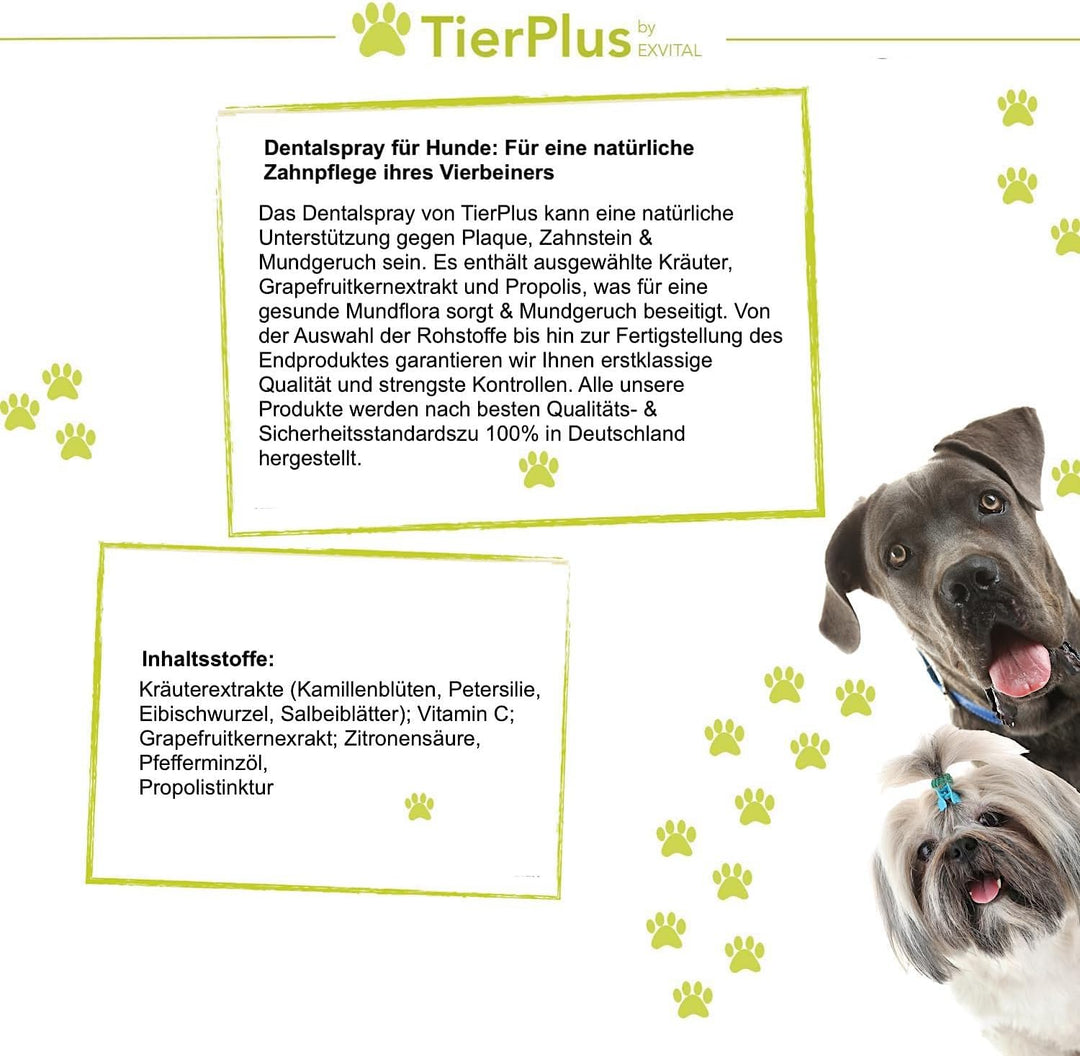 TierPLus Dentalspray für Hunde gegen Zahnbelag Zahnstein &amp; Mundgeruch von EXVital