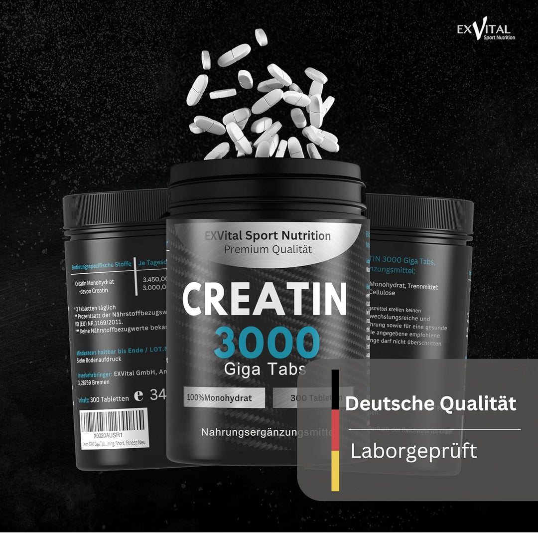 Creatin Monohydrat 3000 Giga Tabs von EXVital Sport Nutrition 300 Tabletten Kreatin