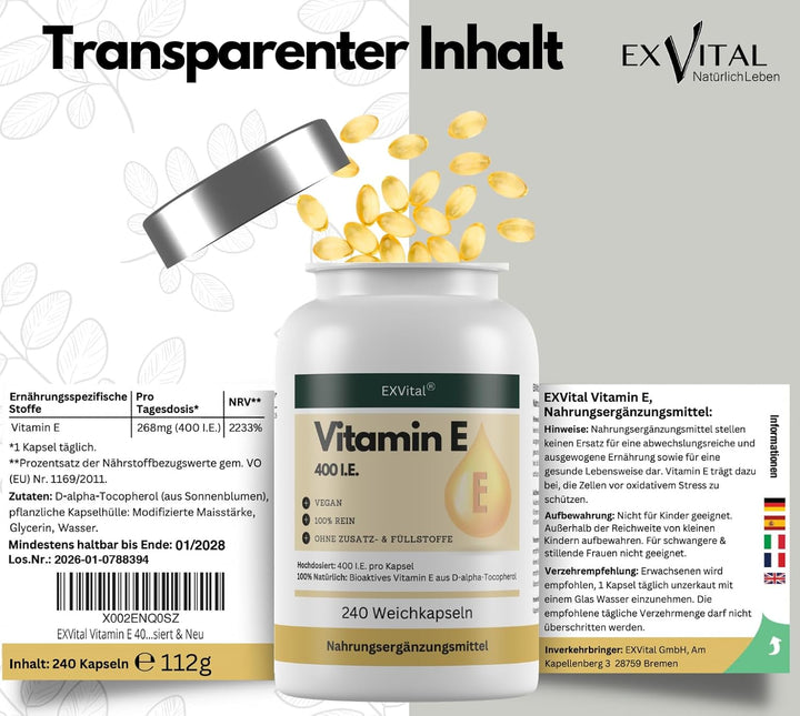 Vitamin E Softkapseln, hochdosiert mit 400 I.E., 240 Stück von EXVital