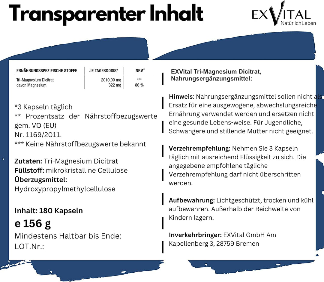 Tri-Magnesium Dicitrat hoch konzentriert von EXVital, 180 Kapseln