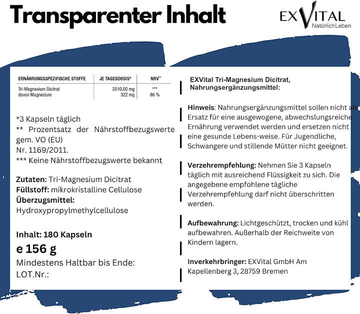 Tri-Magnesium Dicitrat hoch konzentriert von EXVital, 180 Kapseln