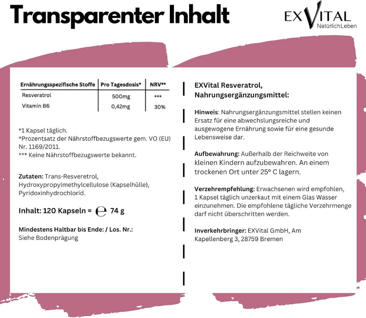 Resveratrol Kapseln, 500mg pro Kapsel, vegan von EXVital