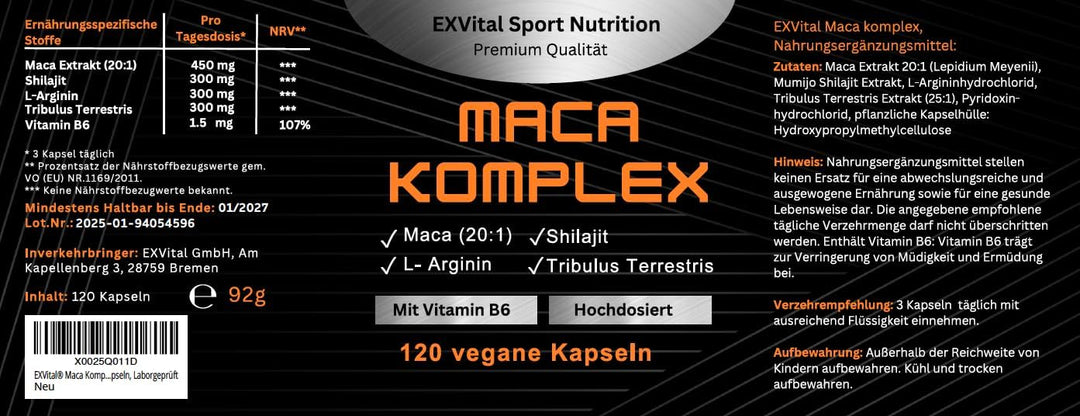 Maca Komplex mit Tribulus terrestris, Shilajit, L-Arginin &amp; Vitamin B von EXVital