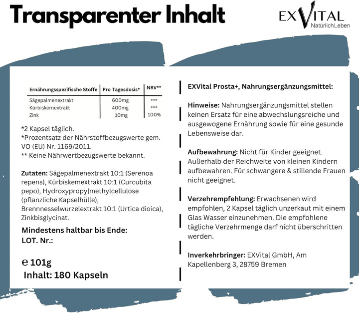 Prosta+ Kapseln mit Sägepalmen-, Kürbiskernextrakt &amp; Zink, 180 Stück von EXVital