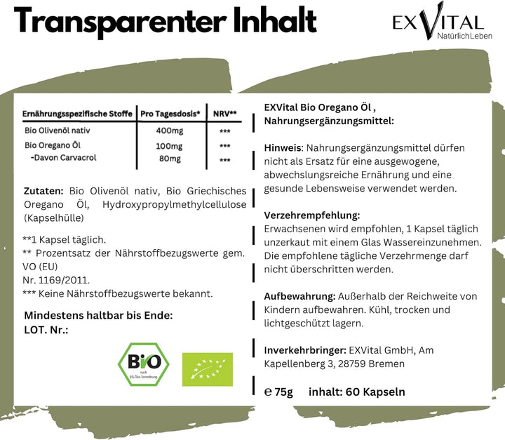 Bio Oregano Öl, 60 Flüssigkapseln von EXVital