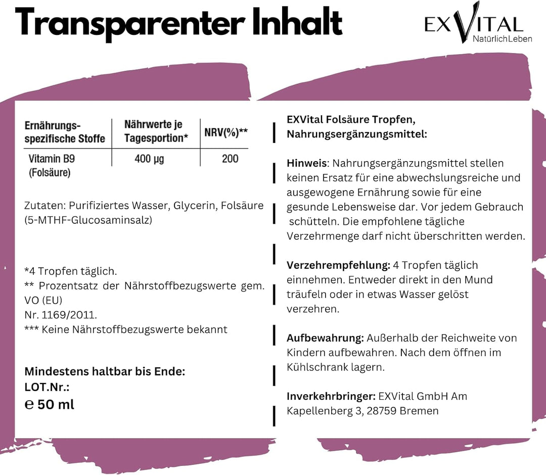 Folsäure Tropfen, 400 µg pro Tagesdosis von von EXVital