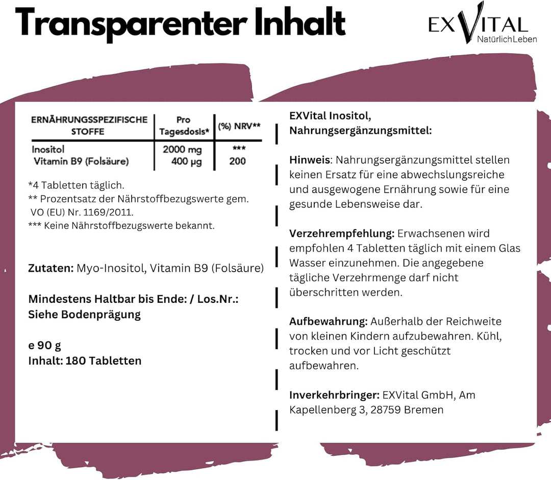 Inositol mit Folsäure 180 Tabletten von EXVital