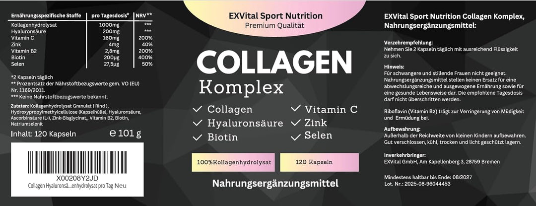 Collagen Hyaluronsäure Komplex, 120 Kapseln 1000mg Kollagen von EXVital