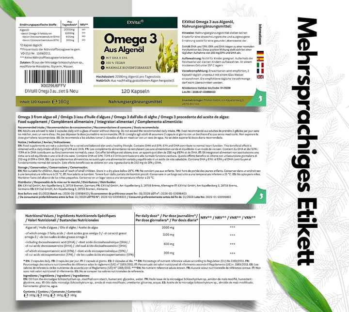 Omega 3 aus Algenöl, 120 Softgel Kapseln, 2000mg pro Tag von EXVital