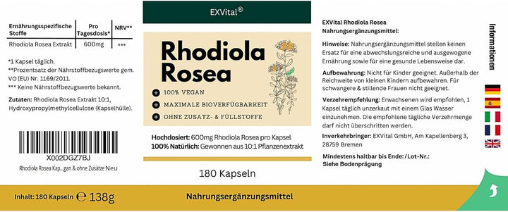 Rhodiola Rosea, hochdosiert 6000mg Tagesdosis, 180 vegane Kapseln von EXVital