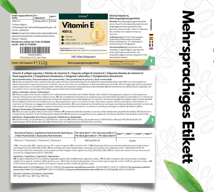 Vitamin E Softkapseln, hochdosiert mit 400 I.E., 240 Stück von EXVital
