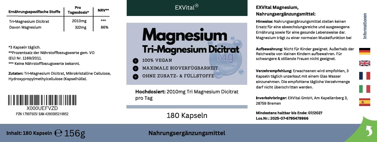 Tri-Magnesium Dicitrat hoch konzentriert von EXVital VitaHealth, 180 Kapseln – EXVital