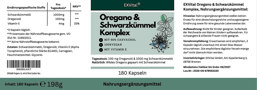Oregano- Schwarzkümmelöl Komplex, 180 vegane Kapseln von EXVital