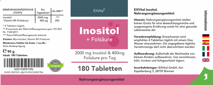 Inositol mit Folsäure 180 Tabletten von EXVital