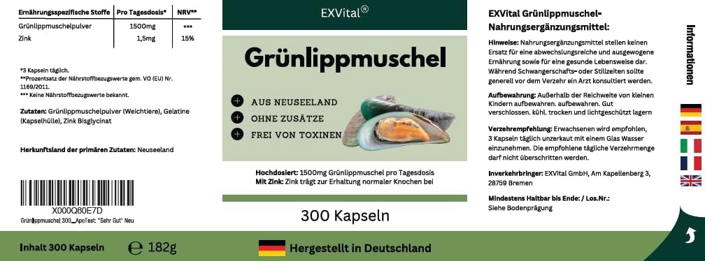 Grünlippmuschel hochdosiert von EXVital, 300 Kapseln