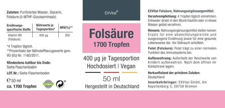 Folsäure Tropfen, 400 µg pro Tagesdosis von von EXVital