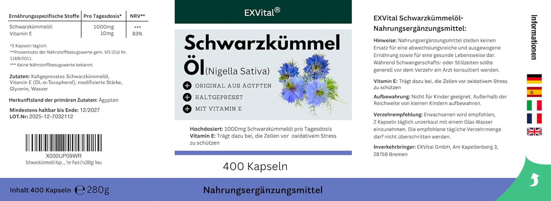 Schwarzkümmelöl, aus ägyptischen Anbau von EXVital, 400 Softgel Kapseln