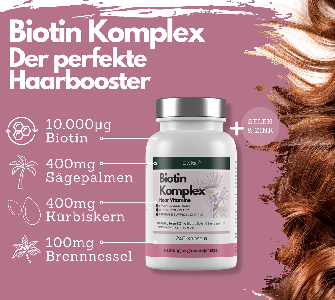 Biotin Komplex Kapseln, hochdosiert mit 10.000µg Biotin pro Tagesdosis, 240 Stück von EXVital