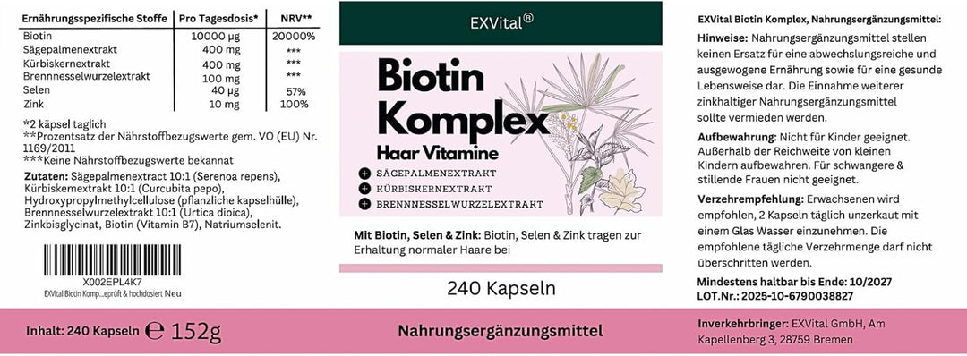 Biotin Komplex Kapseln, hochdosiert mit 10.000µg Biotin pro Tagesdosis, 240 Stück von EXVital
