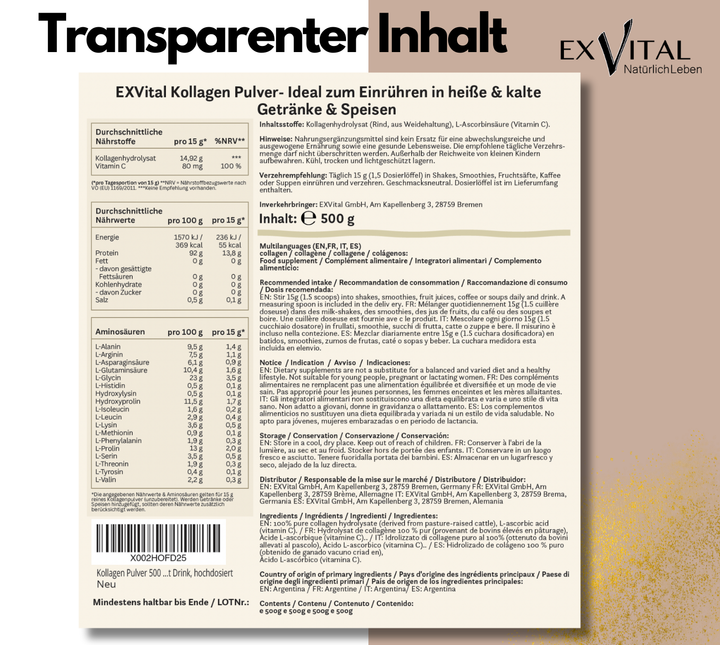 Kollagen Pulver mit Vitamin C (500g) von EXVital
