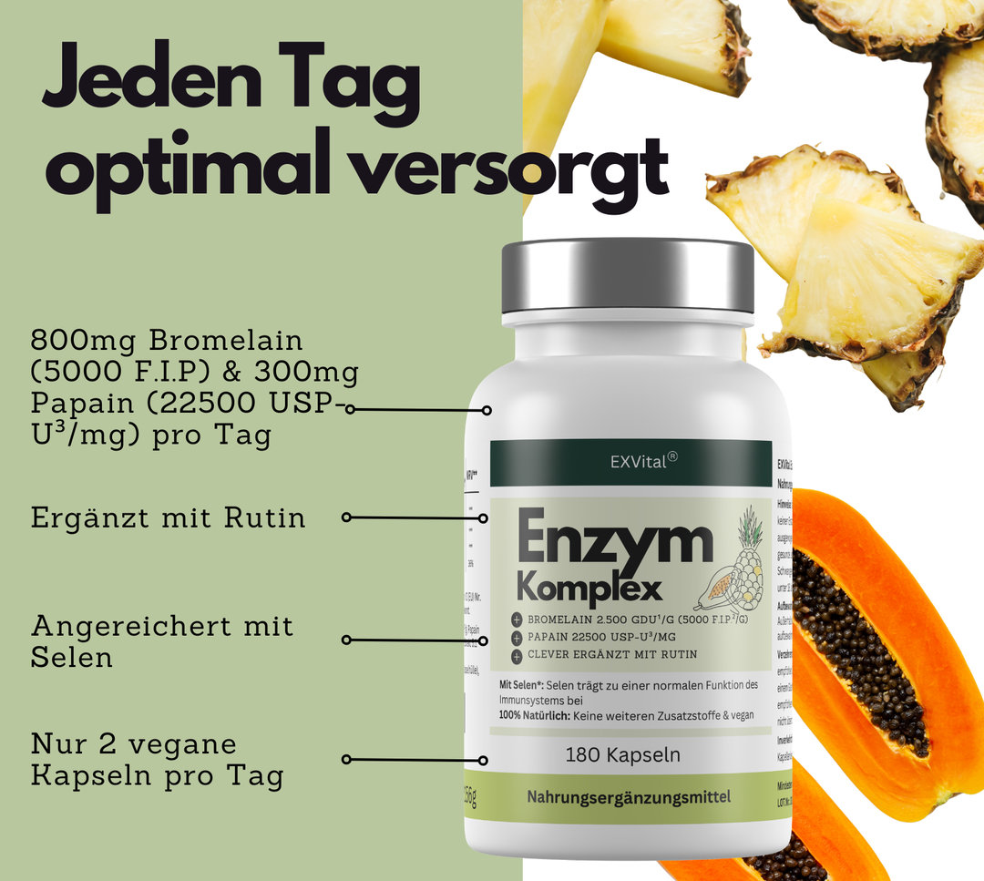 Enzym Komplex, mit 800mg Bromelain (5000 F.I.P), 300mg Papain, Rutin &amp; Selen, 180 Kapseln von EXVital