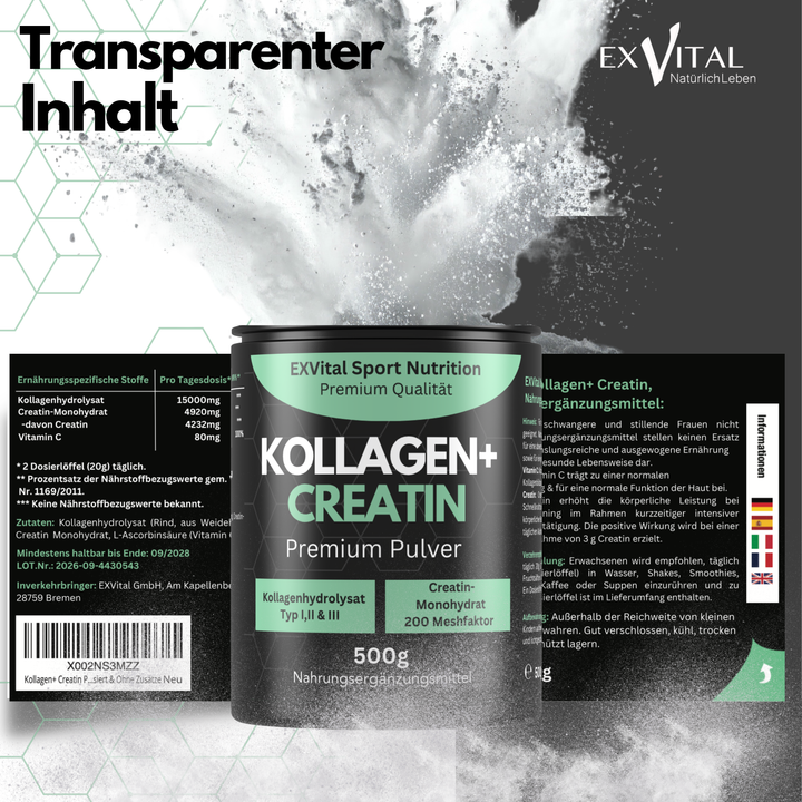 Kollagen + Creatin Mixpulver, 500g Dose von EXVital