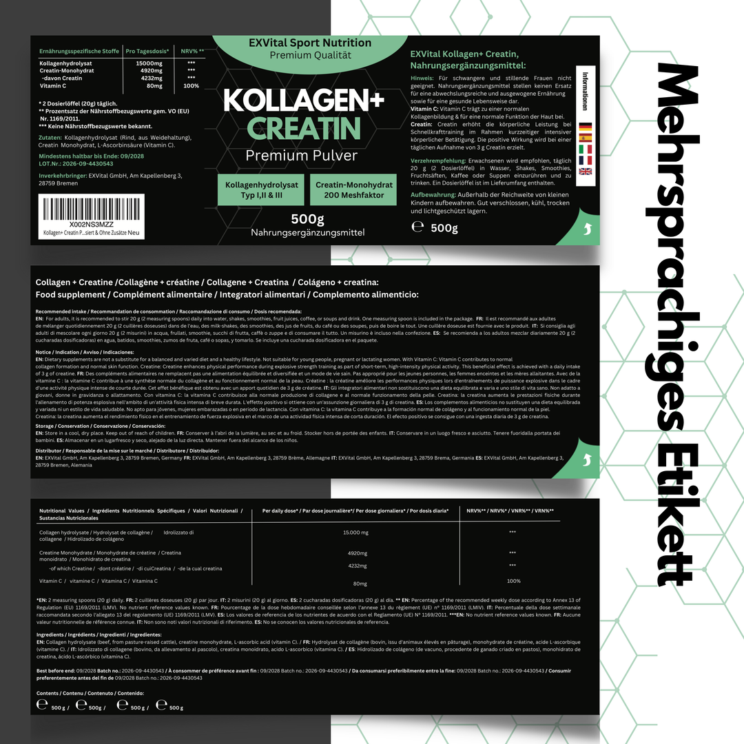 Kollagen + Creatin Mixpulver, 500g Dose von EXVital