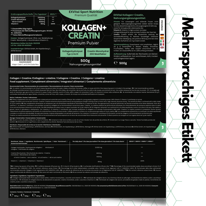 Kollagen + Creatin Mixpulver, 500g Dose von EXVital