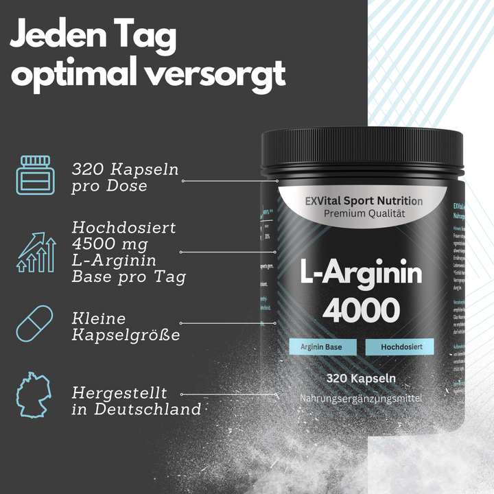 L-Arginin 4000 hochdosiert von EXVital Sport Nutrition, 320 Kapseln