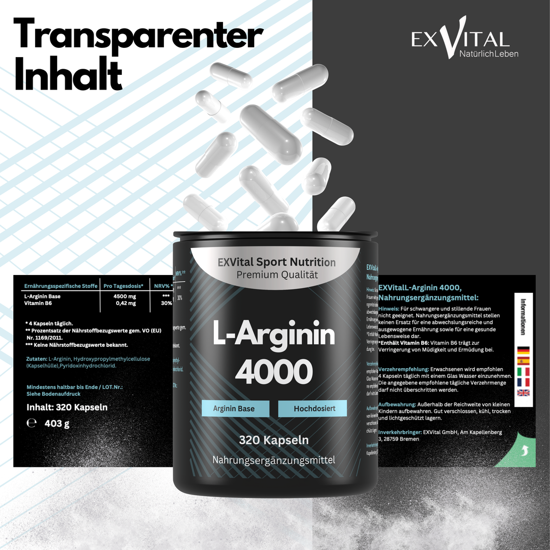 L-Arginin 4000 hochdosiert von EXVital Sport Nutrition, 320 Kapseln