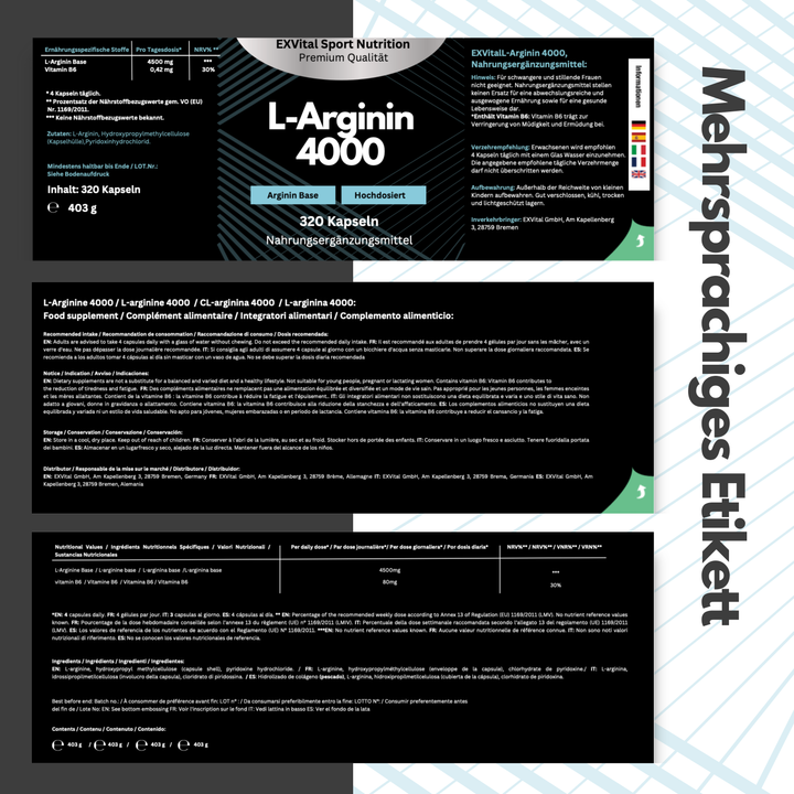 L-Arginin 4000 hochdosiert von EXVital Sport Nutrition, 320 Kapseln