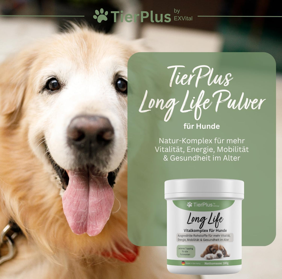 Long Life Vitalkomplex-Pulver für Hunde, mit Omega 3 Fettsäuren, Propolis &amp; mehr, TierPlus von EXVital