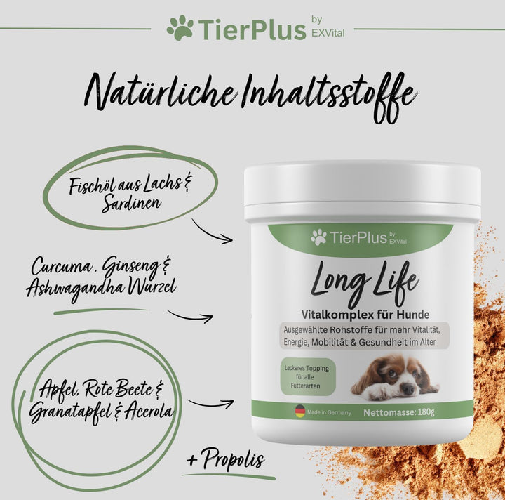 Long Life Vitalkomplex-Pulver für Hunde, mit Omega 3 Fettsäuren, Propolis &amp; mehr, TierPlus von EXVital