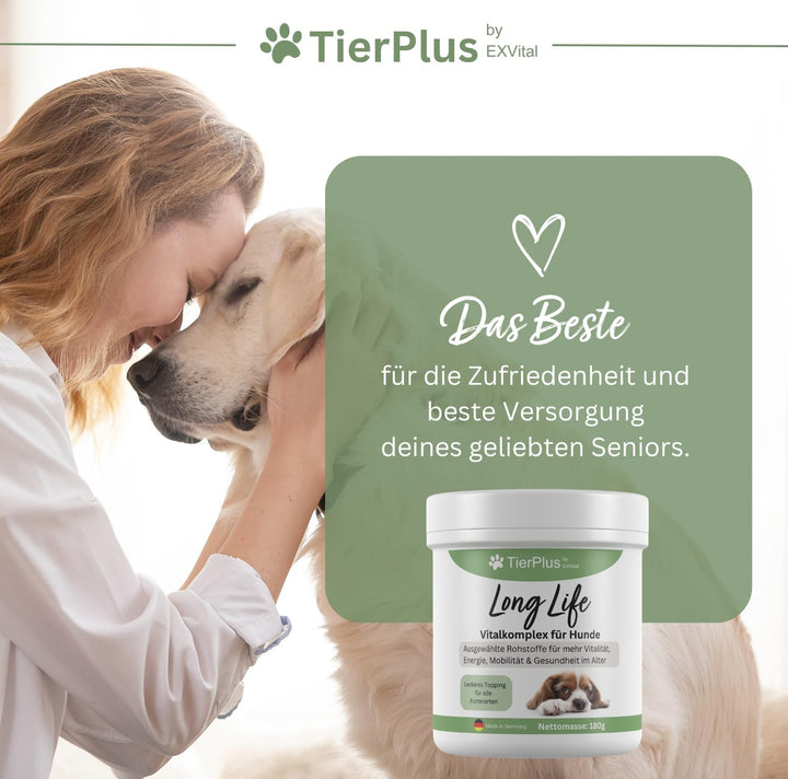 Long Life Vitalkomplex-Pulver für Hunde, mit Omega 3 Fettsäuren, Propolis &amp; mehr, TierPlus von EXVital