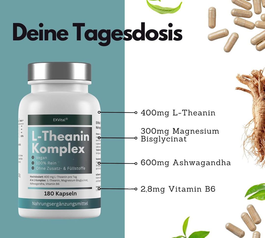 L-Theanin Komplex Kapseln mit Magnesium, Ashwagandha &amp; Vitamin B6 von EXVital