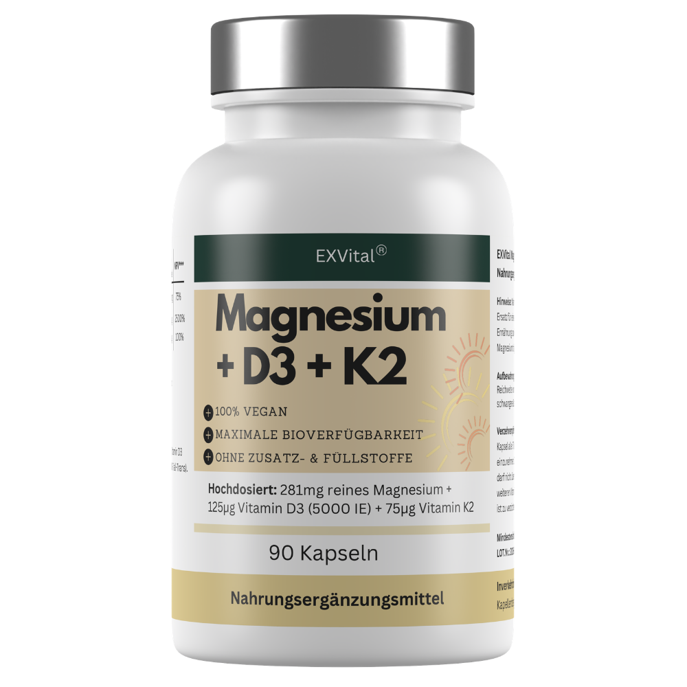 Magnesium + D3 + K2, hochdosiertes Magnesium Komplex, 90 Stück von EXVital