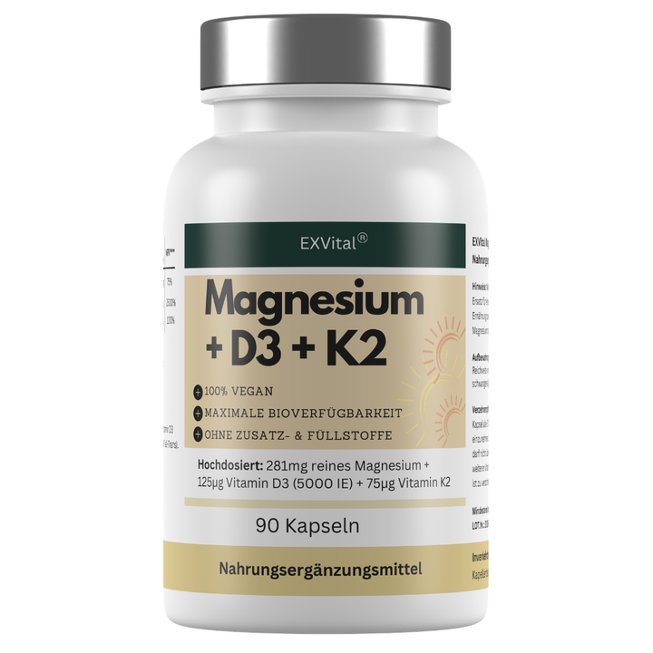 Magnesium + D3 + K2, hochdosiertes Magnesium Komplex, 90 Stück von EXVital